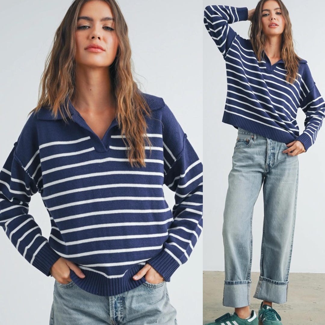 Brianne V-neck Striped Navy/ivory Sweater | Cozy and Stylish Women's ...