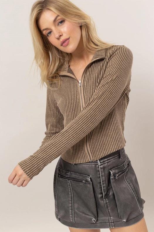 Carla Striped Zip-up Knit Top | Front Zipper | Taupe Tan Beige