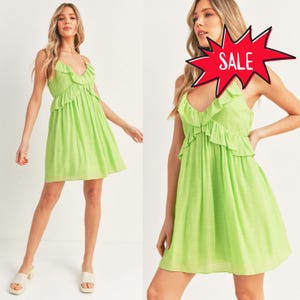 Alyse Ruffle Mini Dress | Lime Green Women&#39;s Dress | Trendy Vacation Summer Sundress | V-Neck Colorful Wedding Event Dress