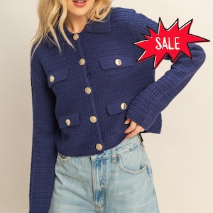 Eva Textured Knit Sweater Jacket with Gold Buttons | Women's Fall and Winter Fashion | Navy Blue Collared Sweater | Wear to Work | Trendy