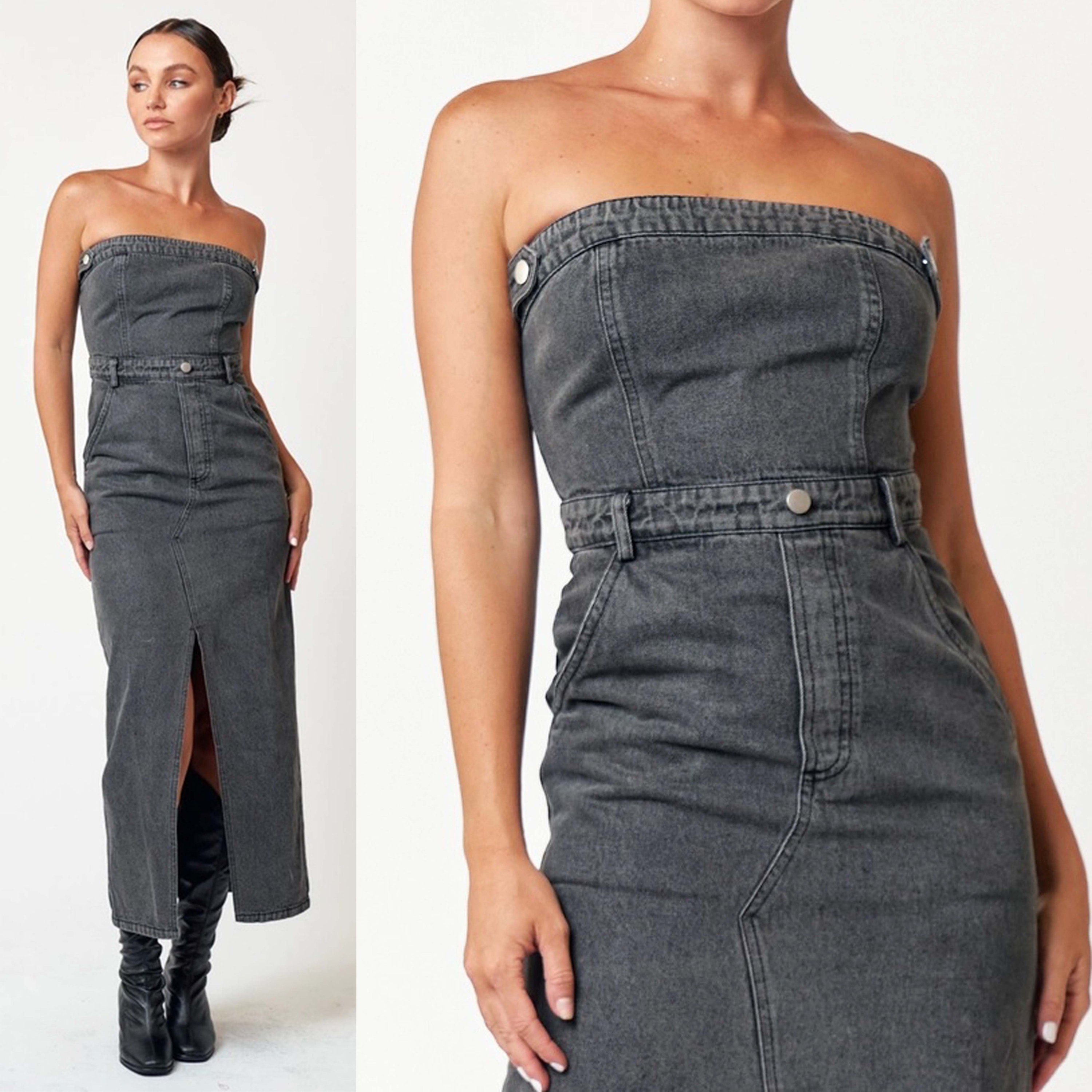 Stretch Denim Slit Tube Dress