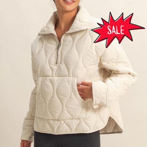 Mia Quilted Half-Zip High Neck Pullover | Women's Fall Jacket | Neutral Beige | Relaxed Fit | Comfy Style