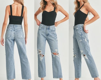 Blake High Rise Distressed Dad Jean | Denim | Wide Leg | Fall Jeans | Light Wash