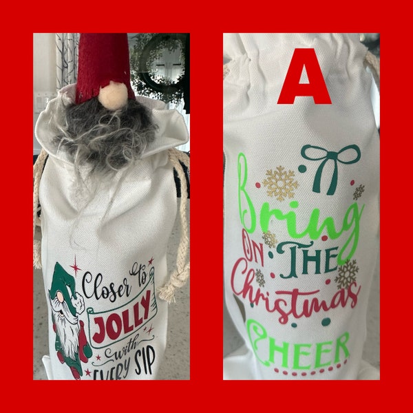 Canvas wine bottle sacks with gnome topper.