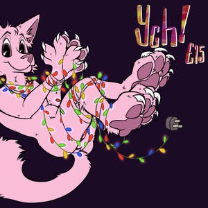 May include: A pink cartoon canine figure is playfully tangled in a string of colorful Christmas lights. The image includes the text "Ych!" and "£15" in a stylized font, set against a dark purple background. A plug is also visible.