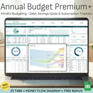 Annual Budget Spreadsheet for Google Sheets, Monthly Budget Template, Financial Planner, Expense Tracker, Bill Tracker, Debt Payoff Tracker