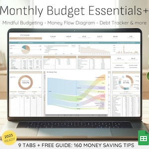 Innovative Monthly Budget Spreadsheet Template, Mindful Google Sheets Budget Planner, Comprehensive Expense Tracker and Debt Payoff Tracker