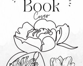 May include: Black and white line art illustration of three flowers on a white background. The flowers are a peony, a sunflower, and a daisy. The text "Note Book Cover" is at the top of the image.