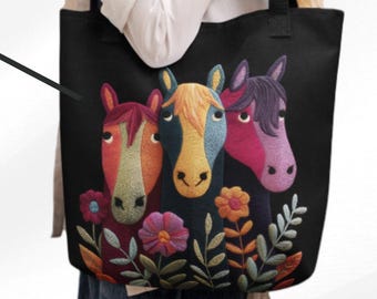 Colorful Tote bag - Printed design of three vividly embroidered horses - Whimsical horse art - Boho Style for Horse Lovers - Two-sided print