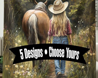 Personalized Painting-style blanket - Young Cowgirl walking her horse on a woodland path - multiple designs available