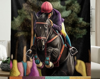 Throw Blanket - Equestrian Horse Jumping Blanket – Vibrant Rider, Colorful Art Throw for horse lovers