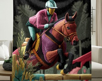 Horse Jump Blanket with Printed Embroidered-Look Design - Unique Equestrian Art, Colorful Home Decor