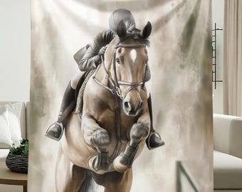 Throw Blanket - Equestrian Blanket Art - Dynamic Horse Jumping Illustration