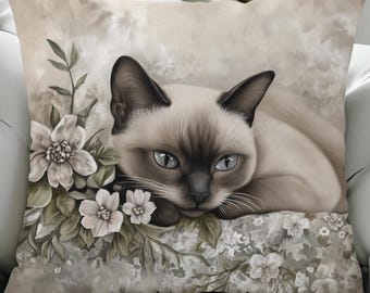 Throw Pillow of an Elegant Siamese Cat for modern and cozy interiors or chic Farmhouse decor.