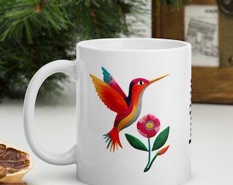 Custom Hummingbird Flower Mug - Personalized White glossy mug with your name, true statement piece for modern bird lovers, art enthusiasts