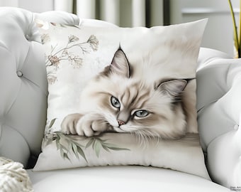 Throw Pillow of an Elegant Fluffy Ragdoll Cat for modern and cozy interiors or chic Farmhouse decor.