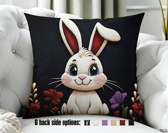 Cute Bunny Throw Pillow - 2 sizes - 6 backside options - Whimsical Animal art for Boho Decor and Chic Farmhouse decor