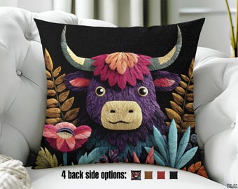Highland Cow Pillow - Colorful Floral Young Bull Throw Pillow, Blooming Flowers Design, Whimsical Animal art for Boho Decor, Chic Farmhouse