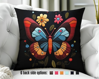 Colorfull Throw Pillow - Printed design of Colorful Butterfly / blooming Flowers Design - Whimsical Animal art for Boho Decor