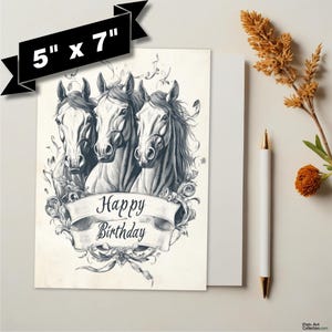 Cartão de aniversário vintage 5x7 - Três cavalos nobres - Texto em branco ou personalizado dentro - Para quem ama cavalos / Charme retrô e elegância rústica