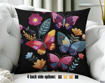 Butterfly Pillow - Printed design of Colorful Butterflies / blooming Flowers Design - Whimsical Animal art for Boho Decor