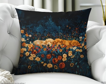 May include: A square throw pillow featuring a printed illustration of two golden-colored dogs sleeping peacefully in a dense field of colorful flowers. The background is a deep dark blue, contrasting with the vibrant orange, yellow, and red floral blooms.