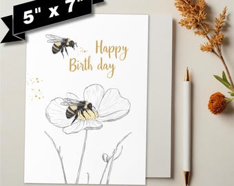 Charmante verjaardagskaart met bijen en bloem: perfect voor natuurliefhebbers en mensen die een vleugje eigenzinnigheid in hun groeten waarderen.
