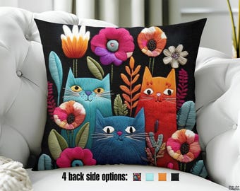Colorful Throw Pillow - Printed design of Whimsical Cats and bold Flowers - Whimsical Animal art for Boho Decor, Chic Farmhouse