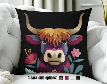 Highland Cow Pillow - Colorful Floral Bull Throw Pillow, blooming Flowers Design - Whimsical Animal art for Boho Decor, Chic Farmhouse Decor