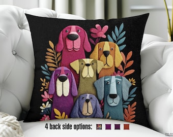 Dog Throw Pillow Cover - Colorful Floral Dogs Cushion, Decorative Pet Lover Pillowcase Printed, Whimsical Animal art for Boho Decor
