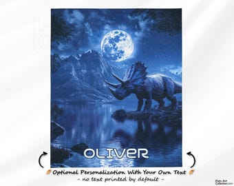 Personalized kids blanket | Triceratops Dinosaur illustration in Night Landscape, Throw and Sherpa blanket for jurassic kids bedroom decor