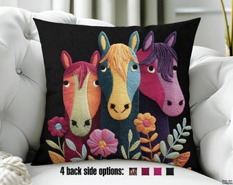 Colorful Throw Pillow - Printed design of three vividly embroidered horses - Whimsical horse art for Boho Decor and Horse Lovers