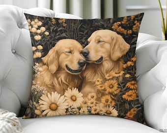 May include: A square throw pillow featuring a printed illustration of two golden retriever dogs with closed eyes, nestled among a field of white and yellow daisies against a dark background. The dogs have light golden fur and are positioned side by side.