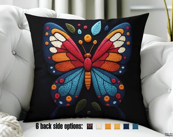 Throw Pillow - Colorful Butterfly and blooming Flowers Design - Whimsical Animal art for Boho Decor