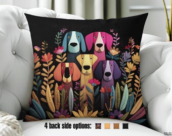 Dog & Floral Throw Pillow, Colorful Animal Cushion Cover, Decorative Home Decor, blooming Flowers Design, Whimsical Animal art, Boho Decor