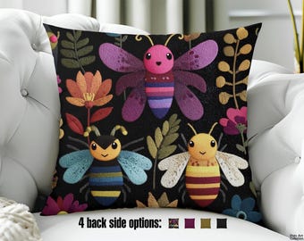 Colorful Throw Pillow - Printed design of Colorful Bees and Flowers Design - Whimsical Animal art for Boho and Chic Farmhouse decor