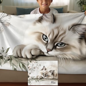 Couverture personnalisée - Chat ragdoll - Art floral | Cadeau Sherpa et jeté pour amoureux des chats, meilleur cadeau sur le thème des chats pour papa, maman, à utiliser comme couverture déco