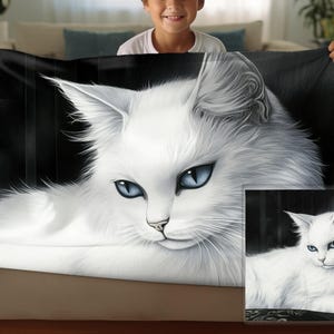 Couverture personnalisée - Illustration de chat Ragdoll blanc | Cadeau Sherpa et jeté pour amoureux des chats, meilleur cadeau sur le thème des chats pour papa, maman, à utiliser comme couverture déco