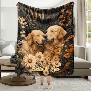 Personalized 100% polyester blanket featuring Golden Retriever dogs in a wildflower garden. Throw/Sherpa blankets available / multiple sizes