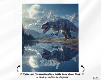 Personalized kids blanket | TRex Dinosaur illustration in Fantasy Mountain lake, Throw and Sherpa blanket for jurassic kids bedroom decor