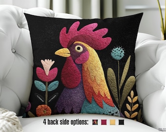 Rooster Throw Pillow - Colorful Floral Rooster Design - Whimsical Animal art for Boho Decor and Chic Farmhouse decor