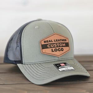 Custom Business Logo Hats With Real Leather Patch, Company Logo Caps, Business Hats, Bulk Business Merch, Richardson Trucker Hat With Logo