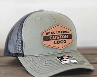 Custom Business Logo Hats With Real Leather Patch, Company Logo Caps, Business Hats, Bulk Business Merch, Richardson Trucker Hat With Logo