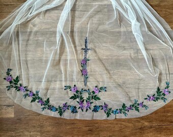 Embroidered sword Wedding Veil: Colour customisation available