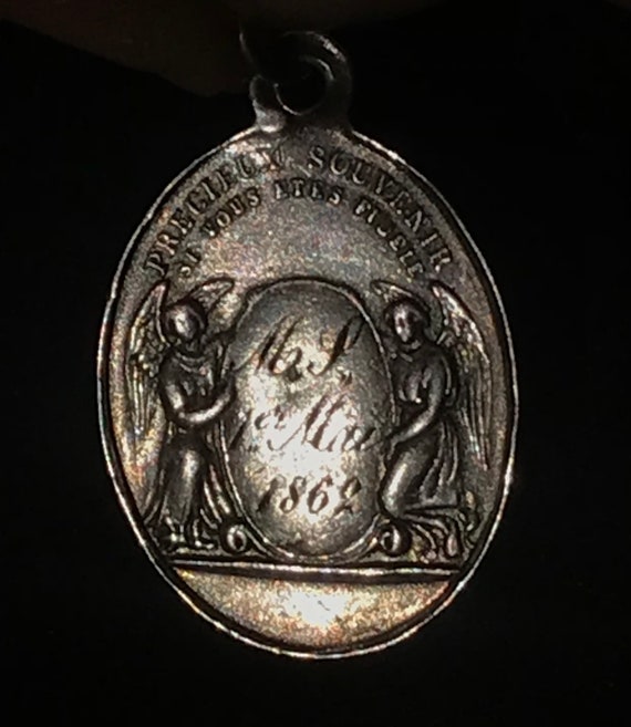 Médaille De Communion Ancienne En Or Jaune 18K - Vierge Avec Inscription, Très Bon état, Micro-rayures D'usage