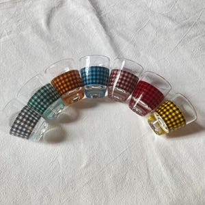 Set of 6 small vintage liqueur glasses Made in France - multi-colored houndstooth pattern