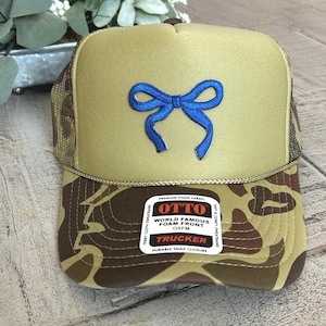 Green Camo Trucker Hat with Dainty Royal Blue Bow