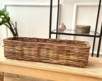 Extra long basket for shelf. Narrow storage box. Very long basket. Loft wicker hamper for bathroom. Rectangular floor planter
