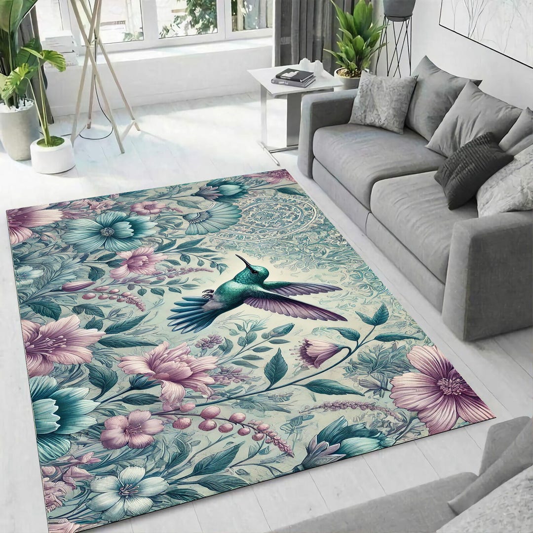 Round Hummingbird Rug Hummingbird Floral Rug, Serene Teal and Lavender Tones, Nature-inspired ...