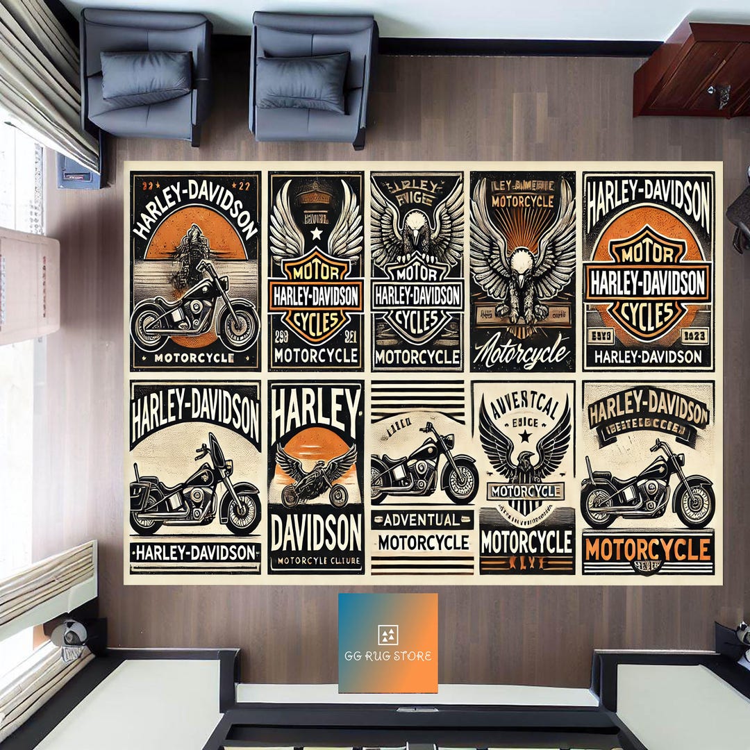 Harley Davidson Inspired Rug, Vintage Motorcycle Decor, Classic Biker ...